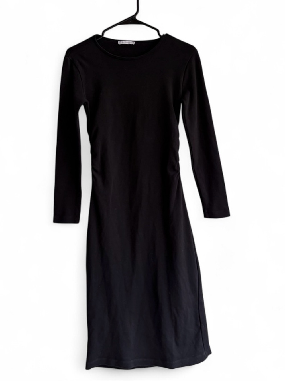 ZARA Ruched Long Sleeve Midi Bodycon Dress | Black - SIZE MEDIUM